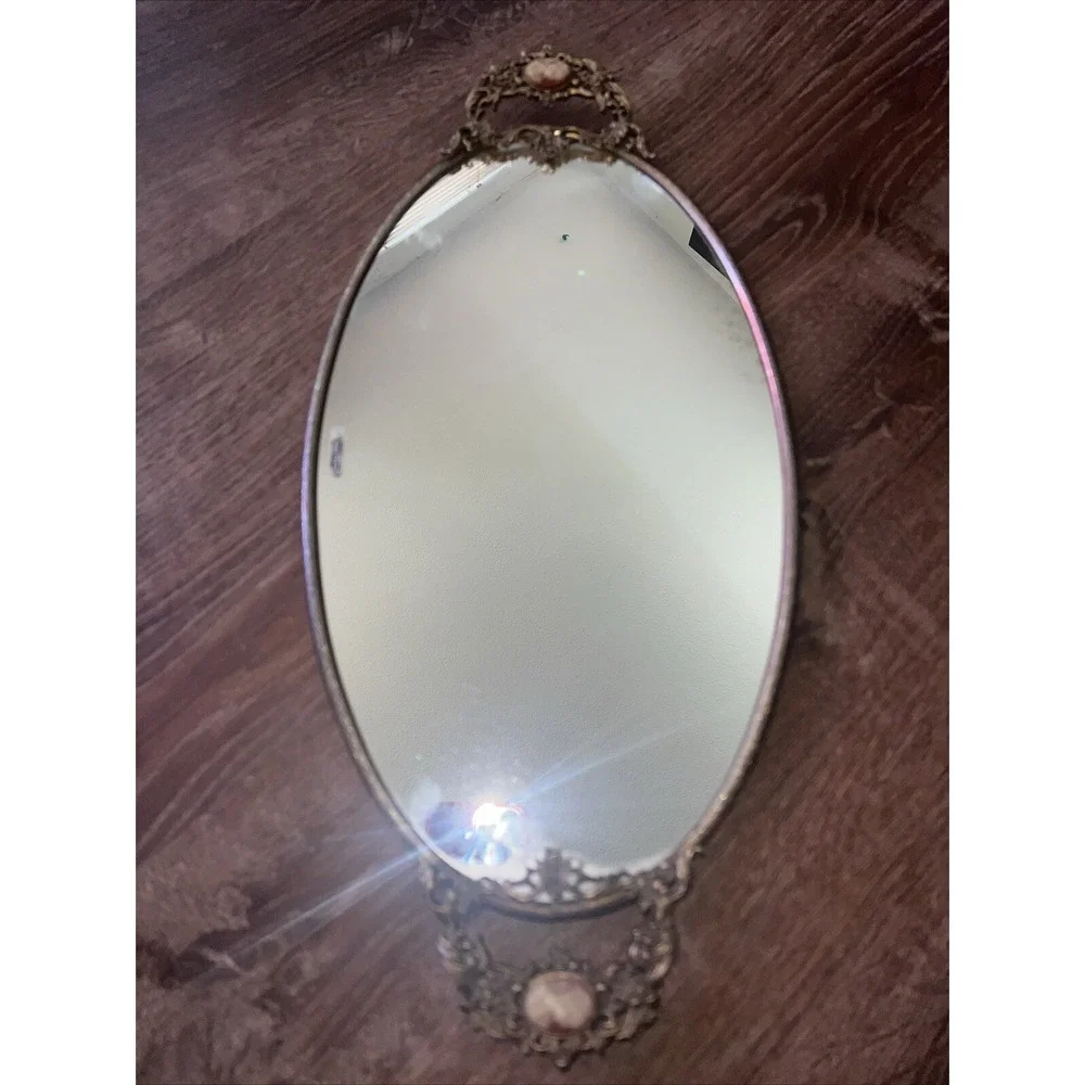 Vintage Cameo 24K Gold Plate Ormolu Rose Vanity Mirror Tray Bedroom Decor
